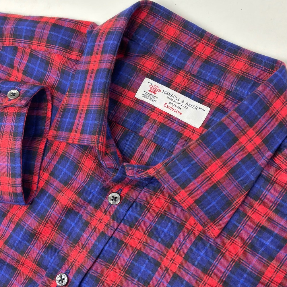 Turnbull & Asser Exclusive Flannel Shirt Mens 17.5 44cm Red Blue Plaid England
